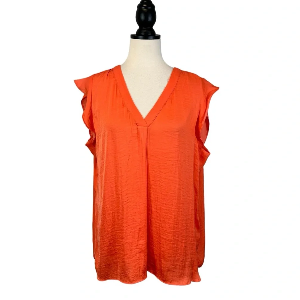 Jones New York Orange Blouse Flutter Sleeve V-Neck, Size XL - Picture 1 of 10